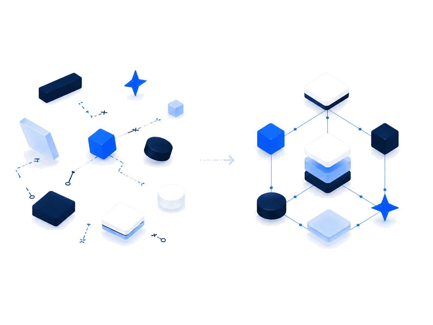 Isometric illustration showing scattered shapes transforming into a clean connected structure