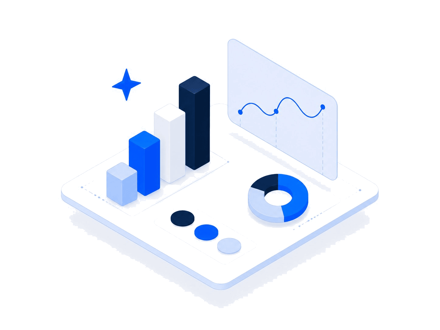 Isometric illustration of an analytics dashboard with bar charts, donut chart, and line graph