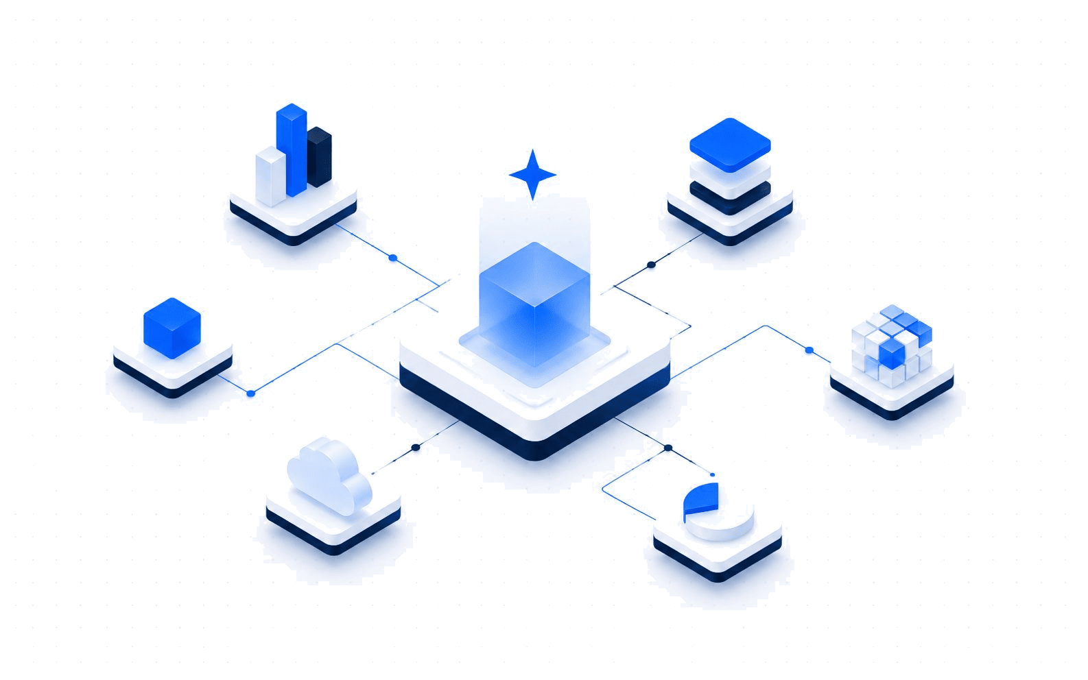 Isometric illustration of a connected Salesforce ecosystem with central platform and surrounding business modules